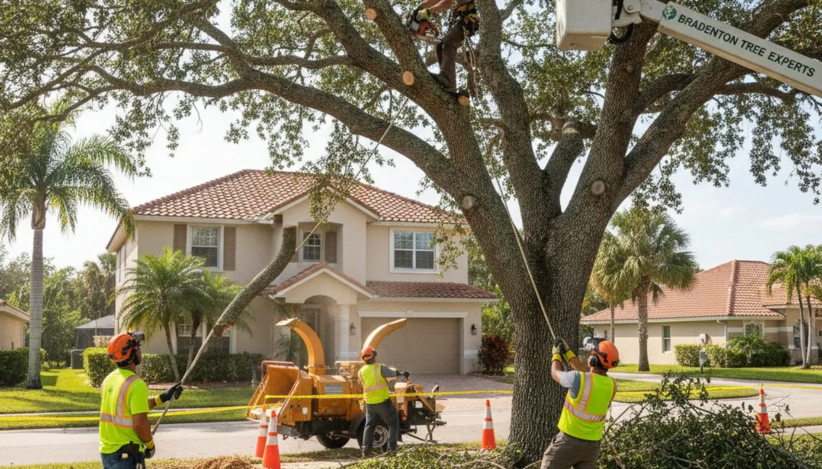 Arborists using crane and chainsaw for safe tree removal at a residential property in Bradenton, FL