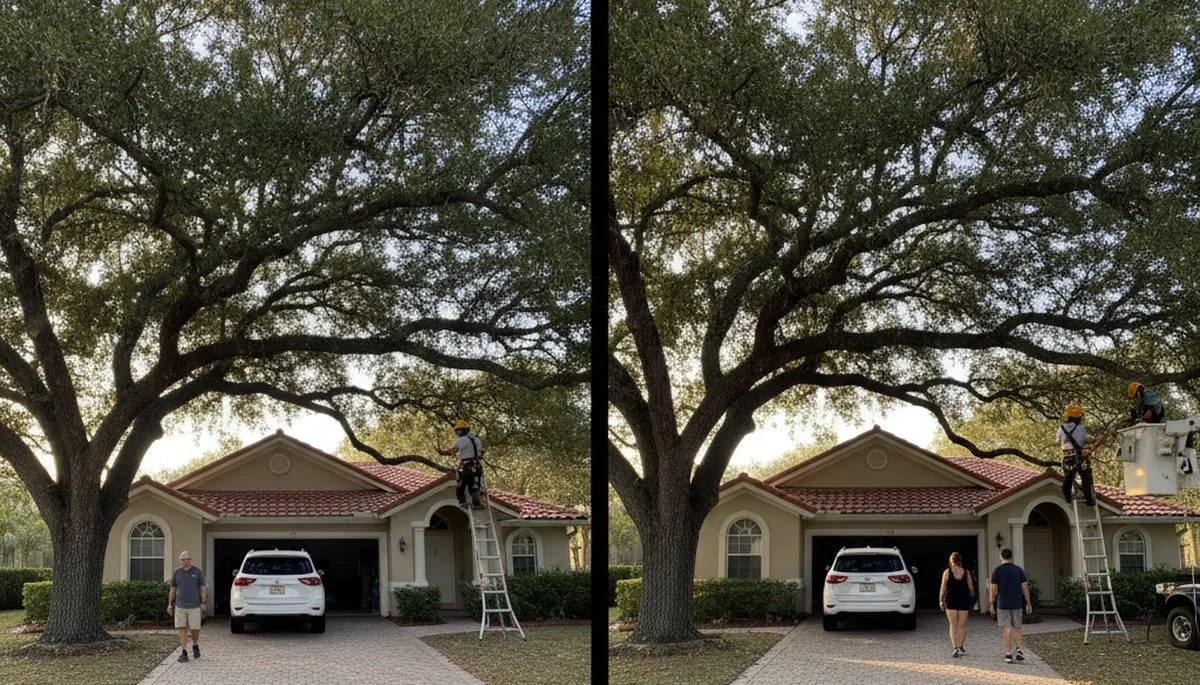 Arborist lifting tree canopy for better clearance in Bradenton FL driveway – professional tree trimming