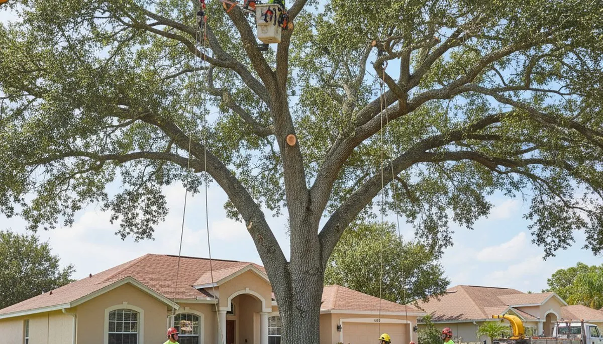 Professional arborists performing large tree removal with bucket truck in Bradenton, FL
