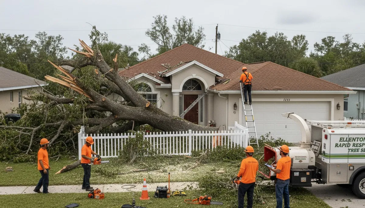 Emergency tree removal crew clearing storm-damaged trees in Ellenton, FL near Bradenton homes