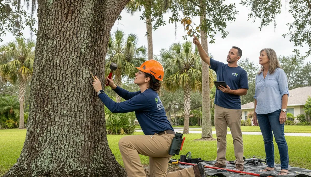Certified arborist performing tree health assessment in Parrish, FL for Bradenton tree service company