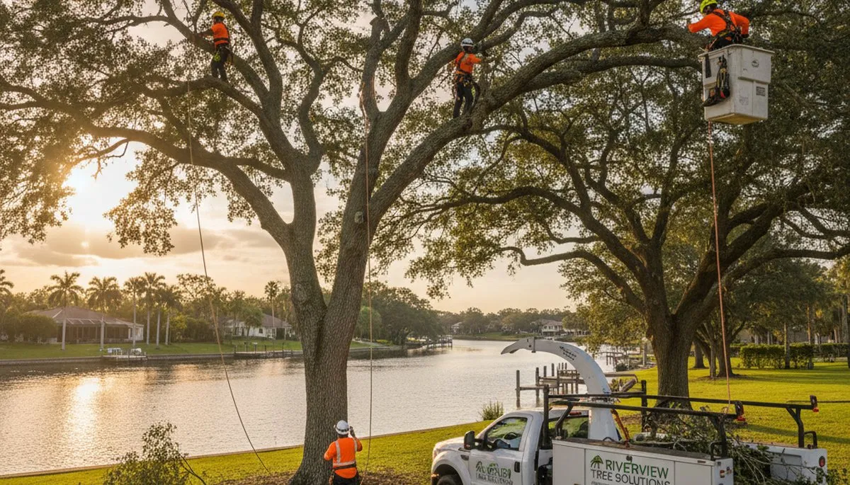 Professional tree removal service in Bradenton FL safely cutting and clearing large oak trees